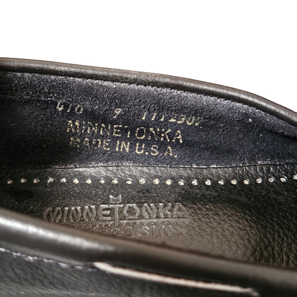 Minnetonka Moccasins‎ Black Leather Studded Fringe Loafers Women Size 9 USA Made - Picture 7 of 9